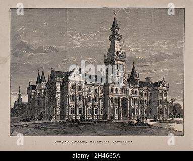 Ormond College, Université de Melbourne, Melbourne, Victoria.Gravure en bois. Banque D'Images