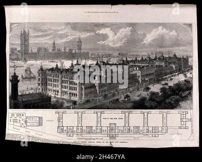 Hôpital Saint Thomas, Lambeth, vu du sud-est avec le Palais de Westminster en arrière-plan, un plan et une échelle en dessous.Gravure de bois par T. Sulman, 1871. Banque D'Images