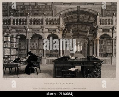 Bodleian Library, Oxford : la bibliothèque du duc Humfrey avec un homme étudiant.Gravure de lignes par J. le Keux après F. Mackenzie. Banque D'Images