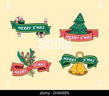 Lot de badges de Noël dessinés à la main. Illustration de Vecteur