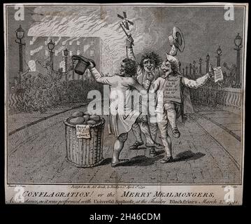 Trois hommes dansent dans la rue alors qu'une foule se rassemble sur le pont Blackfriars, à Londres, pour célébrer la destruction par le feu d'Albion Mills.Gravure par J. Barlow, 1791, après S. Collings. Banque D'Images