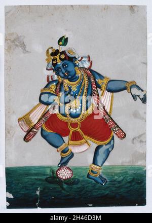 Lord Krishna, une divinité hindoue à la peau bleue dansant sur un lotus.Gouache peint sur mica par un artiste indien. Banque D'Images