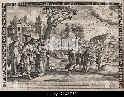 Les gens et les animaux entrant dans l'arche de Noé, transposés dans un paysage hollandais du XVIe siècle.Gravure par A.J.Landerseel. Banque D'Images