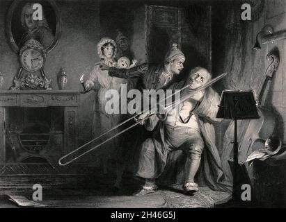 Un jeune homme crie à un homme jouant le trombone, pour le réveiller et réveiller sa famille pendant la nuit.Gravure par Robert graves après R.W.Bus. Banque D'Images