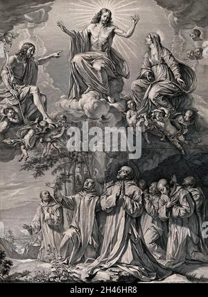 Christ avec Saint Jean-Baptiste, Sainte Marie (la Sainte Vierge), les anges, Saint Bruno et les compagnons priant dans le désert à la Grande Chartreuse.Gravure de N. Pitau, 1657, d'après P. de Champaigne, 1656. Banque D'Images