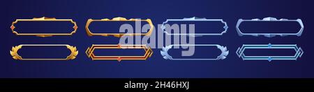 Cadres rectangulaires vides de style médiéval pour la conception d'une interface utilisateur de jeu.Ensemble de dessins animés vectoriels d'éléments d'interface utilisateur avec bordure dorée et argentée avec des feuilles et des pierres précieuses isolées en arrière-plan Illustration de Vecteur