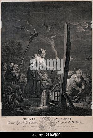 Les démons et les sorcières arrivent au sabbat.Gravure de J. Aliamet d'après D. Teniers le plus jeune, 18e siècle. Banque D'Images