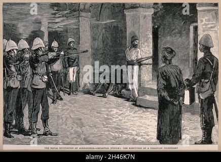 Guerre anglo-égyptienne, 1882 : exécution d'un arsoniste par un peloton de tir britannique à Alexandrie.Gravure de bois d'après F. Villiers, ca.1882. Banque D'Images