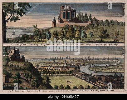 L'Observatoire royal, Greenwich Hill, en haut, et la vue de Greenwich et Londres vue de la colline, en bas.Gravure colorée, 1723. Banque D'Images