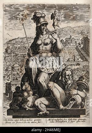 La personnification de Rome assise sur une colonne, équilibrant la statue de Mars sur sa main; à côté d'elle le Dieu de fleuve Tiber et la elle-loup avec Romulus et Remus, derrière eux le panorama de Rome; représentant la ville de Rome.Gravure après Jan van der Straet. Banque D'Images