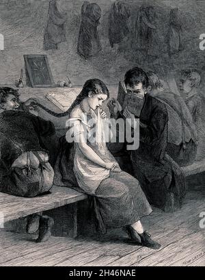 Une fille assise sur un banc pleurant comme un garçon tire sa tresse: Un autre garçon lit à côté d'elle.Gravure de bois par H. Linton. Banque D'Images
