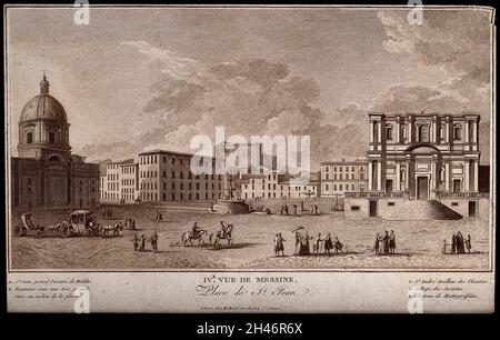 Port de Messina, Messina, Sicile, Italie : place Saint-Jean, avec une clé.Gravure teintée. Banque D'Images