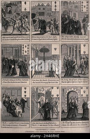 Henry Sachevell: Neuf épisodes de sa vie marqués avec des pépins permettant aux épisodes d'agir comme des cartes à jouer.Gravure en bois, env.1900 (?)après gravures. Banque D'Images