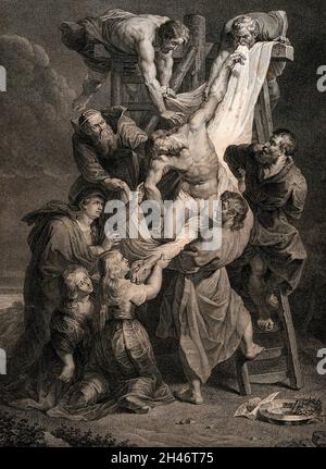 La descente de la Croix.Gravure par Guttenberg après Chasselat après P.P.Rubens. Banque D'Images