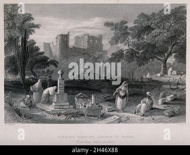 Des gens qui se tenaient sur les tombes d'un terrier turc à Sidon.Gravure avec gravure par J. Redraway après W.H.Bartlett, 1842. Banque D'Images