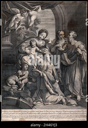 Sainte Marie (la Sainte Vierge) avec le Christ enfant, Saint Jean le Baptiste, Sainte Catherine d'Alexandrie, Sainte Marie-Madeleine, Saint Pierre l'Apôtre et les anges.Gravure par Agostino Carracci. Banque D'Images