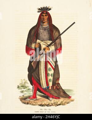 Wanata (Wa-na-ta) Grand chef des Sioux [Wa-na-ta (Dakota: Wánataŋ qui se traduit par celui qui charge, ou chargeur) ou Waneta était un chef des Yanktonai, une tribu du Dakota.Le chef Wa-na-ta, également connu sous le nom de Wanata et Wanataan I, est né vers 1795.Les Yanktonai étaient situés près de la rivière St. Peter, aujourd'hui connue sous le nom de rivière Minnesota, dans le Minnesota actuel.Les Yanktonai auraient une population de cinq à six mille personnes avec 1,300 guerriers.Wanata était un chef très influent, comme en témoigne sa capacité à mener les 1,300 guerriers de ses tribus dans la bataille Banque D'Images