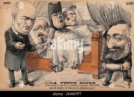 Jules Grégy prend le pouls du Maréchal MacMahon, qui est malade au lit avec un prêtre et un autre homme; ils étouffent des émanations de leur lit en feu; Léon Gambetta émerge des coulisses portant un cloître.Gravure en bois de couleur, 1879. Banque D'Images