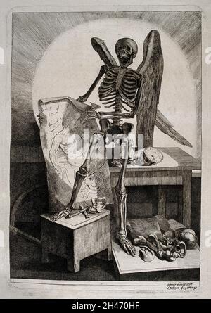 Un squelette à ailes tenant un dessin d'un modèle assis, avec des os et des crânes humains sur la table et le plancher à côté de lui.Gravure par ou après J. Gamelin, 1778/9. Banque D'Images