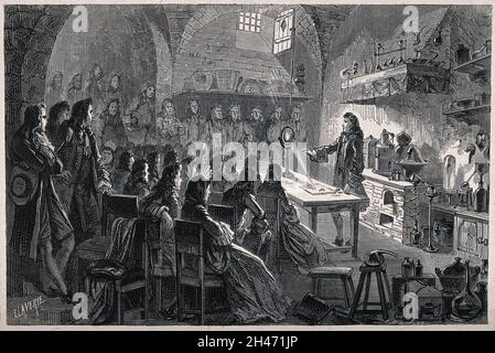 Sir Isaac Newton (?)montrer une expérience optique à un public dans son laboratoire.Gravure de bois par Martin d'après C. Laverie. Banque D'Images