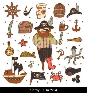 Ensemble pirate.Offre groupée.Chapeau, crochet et lunette, carte et drapeau du Trésor, bateau, bouteille de rhum et d'ancre, coffre et épée.Illustrat vectoriel coloré isolé Illustration de Vecteur