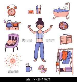 Mise en place des éléments de routine du matin.Fille en pyjama, réveil et dentifrice et brosse, salle de bains et petit déjeuner, planificateur et chaise avec chat.Cintre Illustration de Vecteur