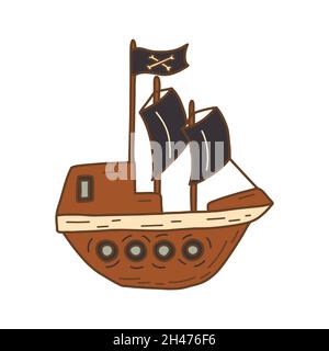 Bateau pirate.Navire d'époque avec voiles, cabine et drapeau avec crâne et os.Illustration vectorielle isolée colorée dessinée à la main Illustration de Vecteur