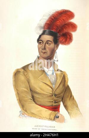 THAYENDANEGEA, chef des Mohawks, et chef de la confédération iroquois du livre ' Histoire des tribus indiennes d'Amérique du Nord avec des croquis biographiques et des anecdotes des principaux chefs.' Volume 2 de 3 par Thomas Loraine, McKenney et James Hall Esq.Publié en 1842 peint par Charles Bird King Banque D'Images