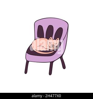 Un joli chat est enroulé sur un fauteuil et dort.Vecteur d'illustration isolé tracé à la main coloré.Maison confortable Illustration de Vecteur