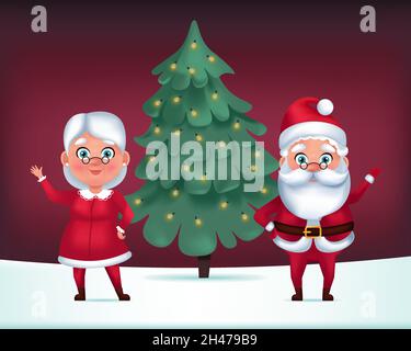 Mme Claus et le Père Noël près de l'arbre de Noël.Illustration vectorielle isolée mignonne Illustration de Vecteur