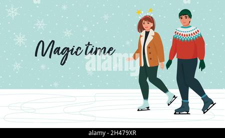 Homme et femme patinant ensemble, couple heureux.Activités d'hiver, amusement d'hiver, temps magique.Illustration vectorielle de style plat Illustration de Vecteur