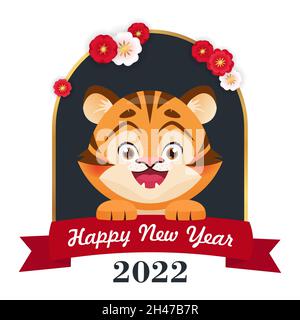 Carte de vœux du nouvel an avec joli tigre, symbole de l'année 2022.Illustration vectorielle de style dessin animé à plat Illustration de Vecteur