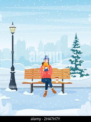 Femme avec téléphone assis dans le parc Illustration de Vecteur