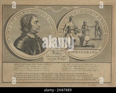 Oliver Cromwell (à gauche) et le protecteur agenouillé avec sa tête sur les genoux de Britannia (à droite): Deux cocardes.Gravure, 1739. Banque D'Images