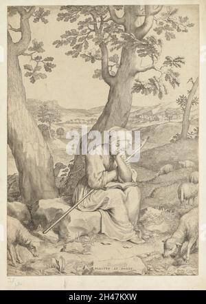 Une jeune bergerie lisant un livre d'amélioration tout en s'occuper de son troupeau.Gravure de lignes par C. Mellan, 1680. Banque D'Images