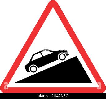 Pente raide en montée, signal d'avertissement de véhicule en mouvement sur la route de montagne.Arrière-plan triangle rouge. Illustration de Vecteur