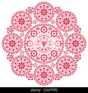 Style scandinave folk vector motif mandala décoratif avec fleurs et coeurs, carte de vœux de la Saint-Valentin ou motif d'invitation de mariage Illustration de Vecteur