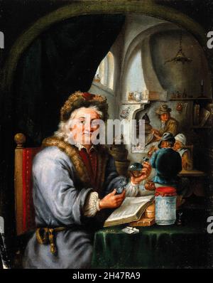 Un alchimiste dans son laboratoire. Peinture à l'huile après David Teniers le Jeune. Banque D'Images