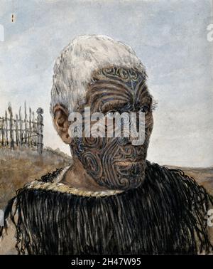 Te Manawa : un guerrier Arawa.Aquarelle par H.G.Robley. Banque D'Images