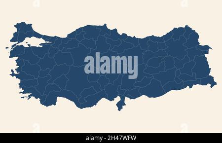 Carte des provinces de Turquie.Fond bleu cyan, blanc crème.Cartes de voyage et papier peint. Illustration de Vecteur