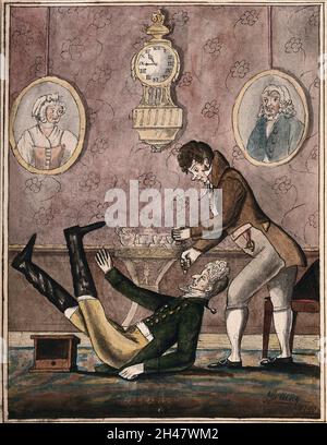 Un patient riche tombe sur avoir une dent extraite avec vigueur par un dentiste à la mode.Aquarelle, 18--. Banque D'Images