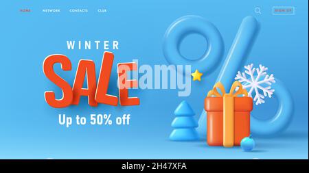 Bannière de Noël avec rendu 3d composition de boîte-cadeau avec sac de shopping monochrome chromé et grand pour cent et flocons de neige, grandes lettres de vente rouge 3d sur Illustration de Vecteur