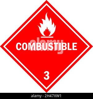 Panneau d'avertissement relatif aux produits chimiques combustibles.Étiquettes de marchandises dangereuses classe 3.Blanc sur fond rouge.Signes et symboles de sécurité chimique. Illustration de Vecteur