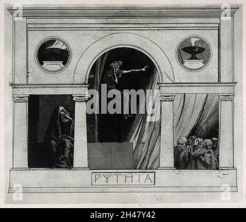 La Pythia de Delphes (oracle Delphique), dans son temple, donnant des prophéties aux gens.Gravure par M. Dasio, 1901. Banque D'Images