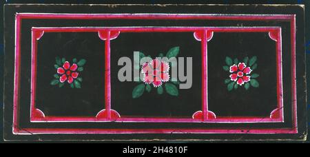 Fleurs et feuilles : trompe l'oeil peint sur les couvertures d'un parabaik birman.Peinture gouache. Banque D'Images