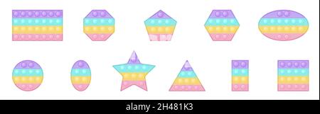 Jeu de 11 figurines popit comme jouets en silicone tendance pour les ménés.Formes géométriques pour l'affiche d'éducation dans des couleurs pastel.Développement sensoriel de la bulle p Illustration de Vecteur
