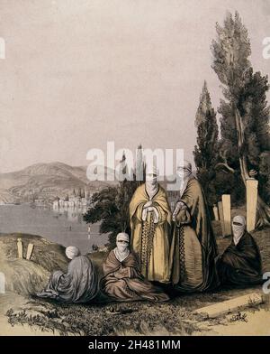 Istanbul: Le plus petit lieu de sépulture fréquenté par des femmes voilées, la Corne d'Or en arrière-plan.Lithographie colorée par Henry Cooke, ca.1860. Banque D'Images