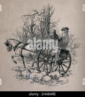 Un homme et un enfant voyagent dans un poney et un piège.Gravure (?)Par Whymper. Banque D'Images