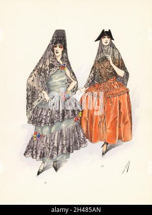 Femmes en costumes espagnols et vénitiens.Femme en robe flamenco espagnole sans manches, jupes argentées à la crinoline, mantilla en dentelle espagnole noire, bouquets de roses 21.Domino vénitien en robe et jupe jaune satin, masque Domino noir, mantilla et bicorne 22.Lithographie pochorale de couleur main du Carnaval parisien, Volume 10, une édition spéciale du chic parisien, publiée par atelier Bachwitz, Vienne, 1920. Banque D'Images