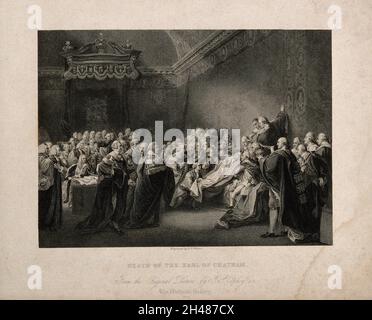 La mort de William Pitt, seigneur Chatham, dans la chambre haute du Palais de Westminster, 1778.Gravure par F.F.Walker après J. Copley, 1779. Banque D'Images